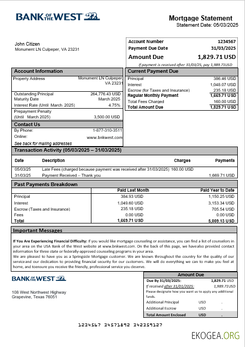 Relevé hypothécaire de la USA Bank of the West Bank aux formats Word et PDF